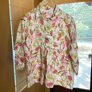 Vintage Click by Color Me Cotton Top Pink Green Yellow Floral 100% Linen Size XL